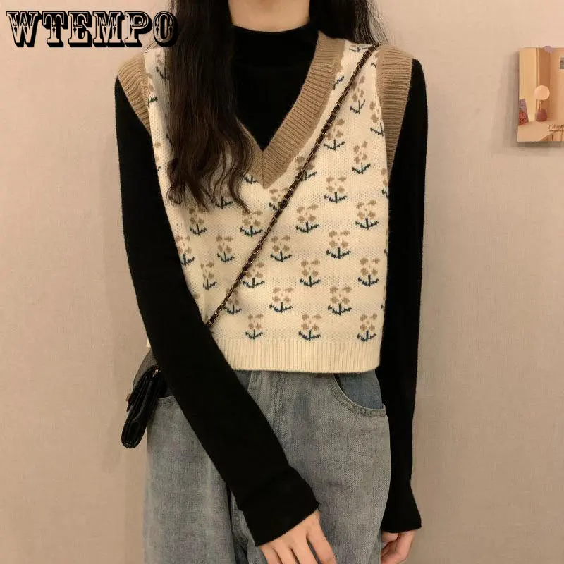 

V-neck Sweater Vest Women Sleeveless Knitted Crop Tops Girls Patchwork Flowers Spring Simple Casual Sweaters Outer Vest