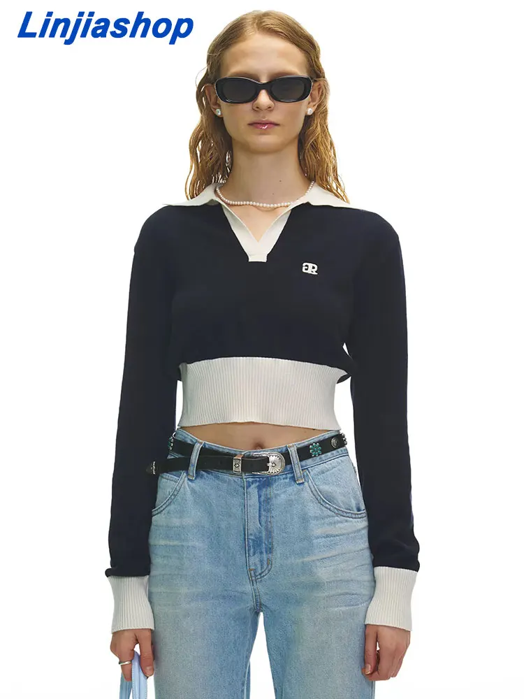 

2022 Fall Short Pullover Sweater Long Sleeve Lapel Half Open Collar Cotton Women Knitwear Sweaters