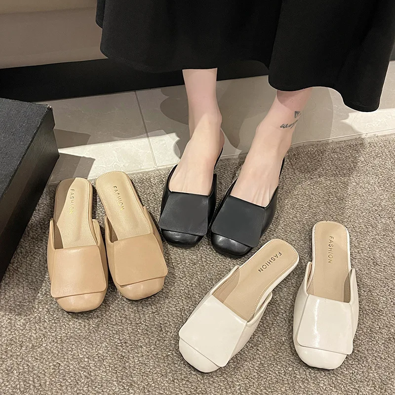 

Casual Slippers Women Shoes Summer Mules Ladies Solid Color Flat Shoe Square Toe Slipper Outside Fashion Slides Pantuflas Mujer