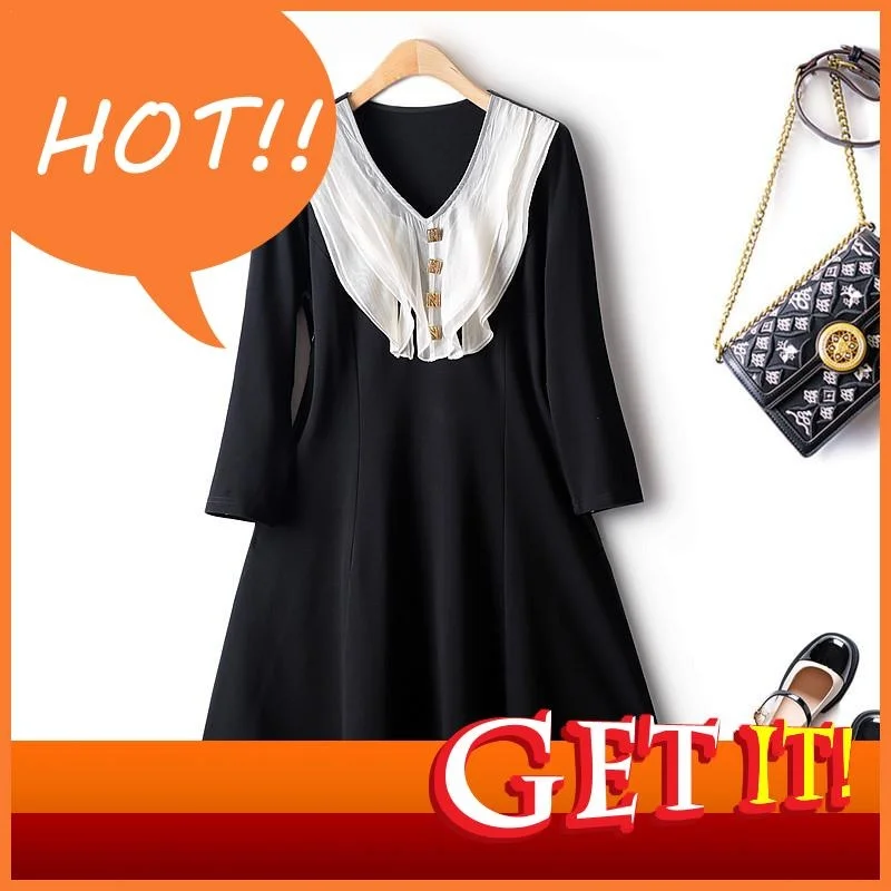 

2023 Women Dresses Autumn For Retro Lace V-neck Slim Hepburn Knitted Large Swing Three Quarter Sleeve Elegant Party Female Dress