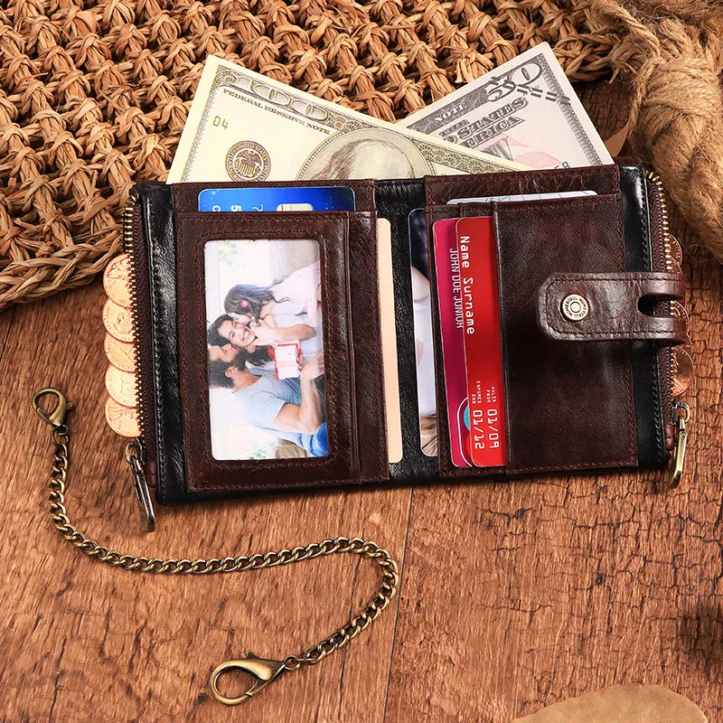 HUMERPAUL Genuine Leather Men's Wallet Fashion Quality Travel Purse Rfid Protect Credit Card Holder Wollst for Men with Chain