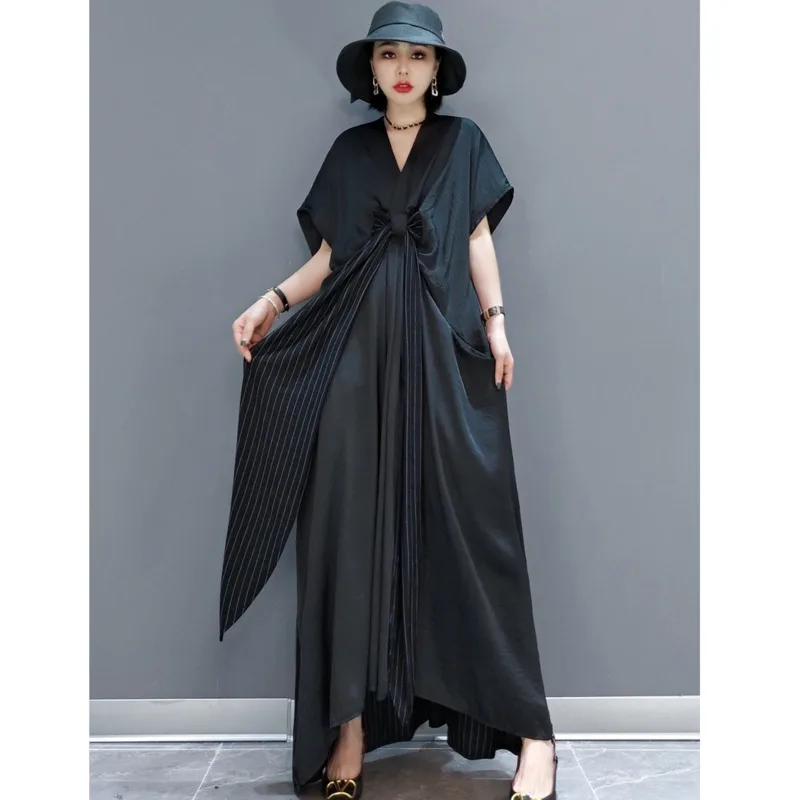 

Женское свободное платье средней длины, платье с коротким рукавом и V-образным вырезом, лето 2023