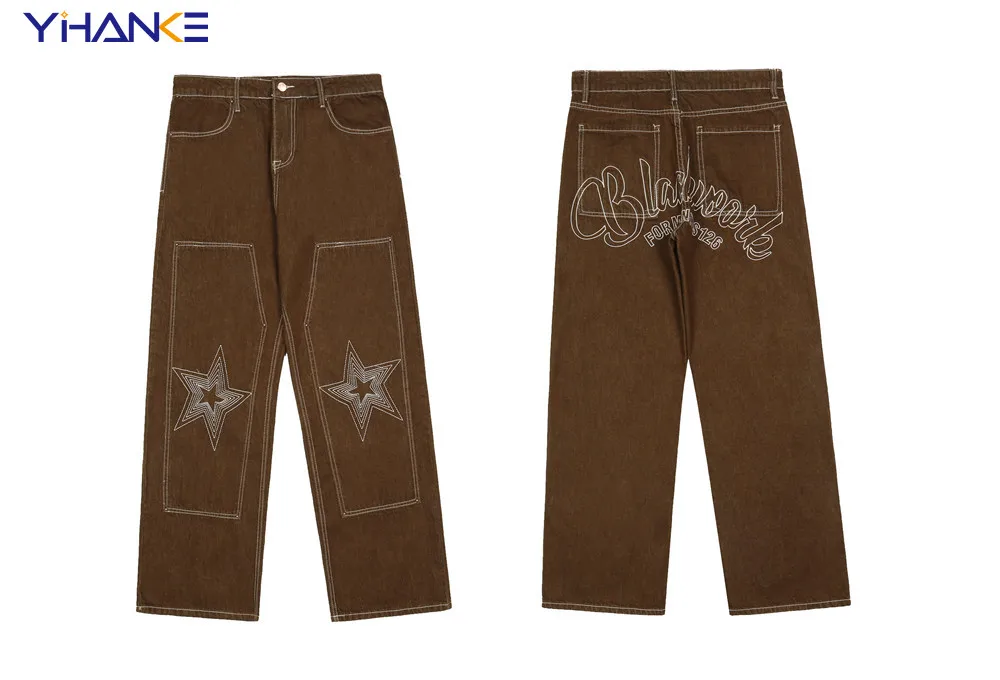 Brand Star Embroidery Jeans Retro Casual Pants Street Trend Straight Loose Pants Fashionable Hip-hop Style Street Men's джинсы