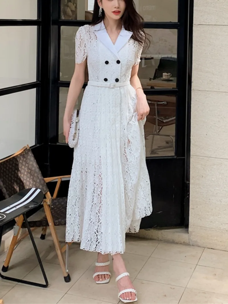 Summer New Ladies Exquisite Floral Embroidery Hollow Long Dresses Female Notched Short-Sleeved Temperament Long Robe with Belt