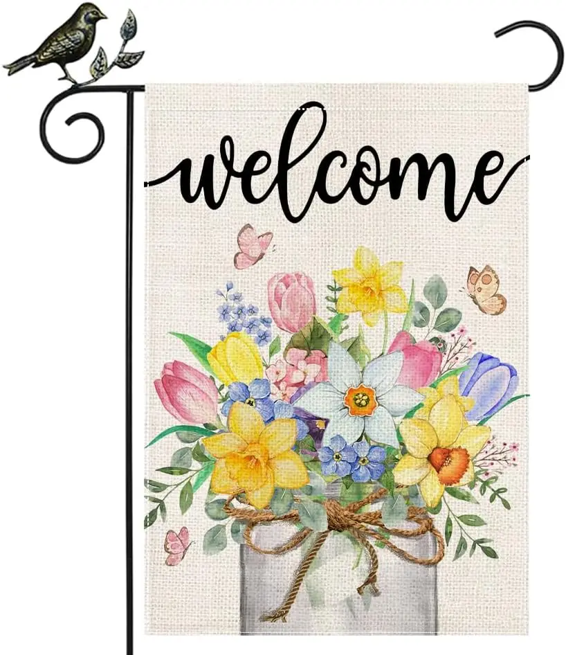 GEEORY Весенний садовый флаг 12 5 x 18 дюймов цветочная банка Мейсона Добро пожаловать
