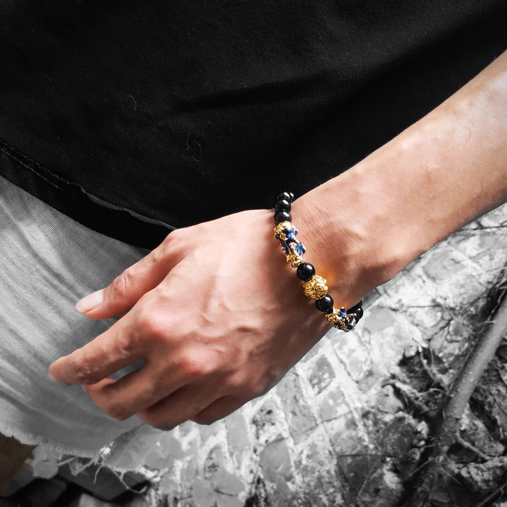 

Feng Shui Gold Obsidian Stone Beads Bracelet Men Women Unisex Wristband Pixiu Wealth and Good Luck Black Jewelry