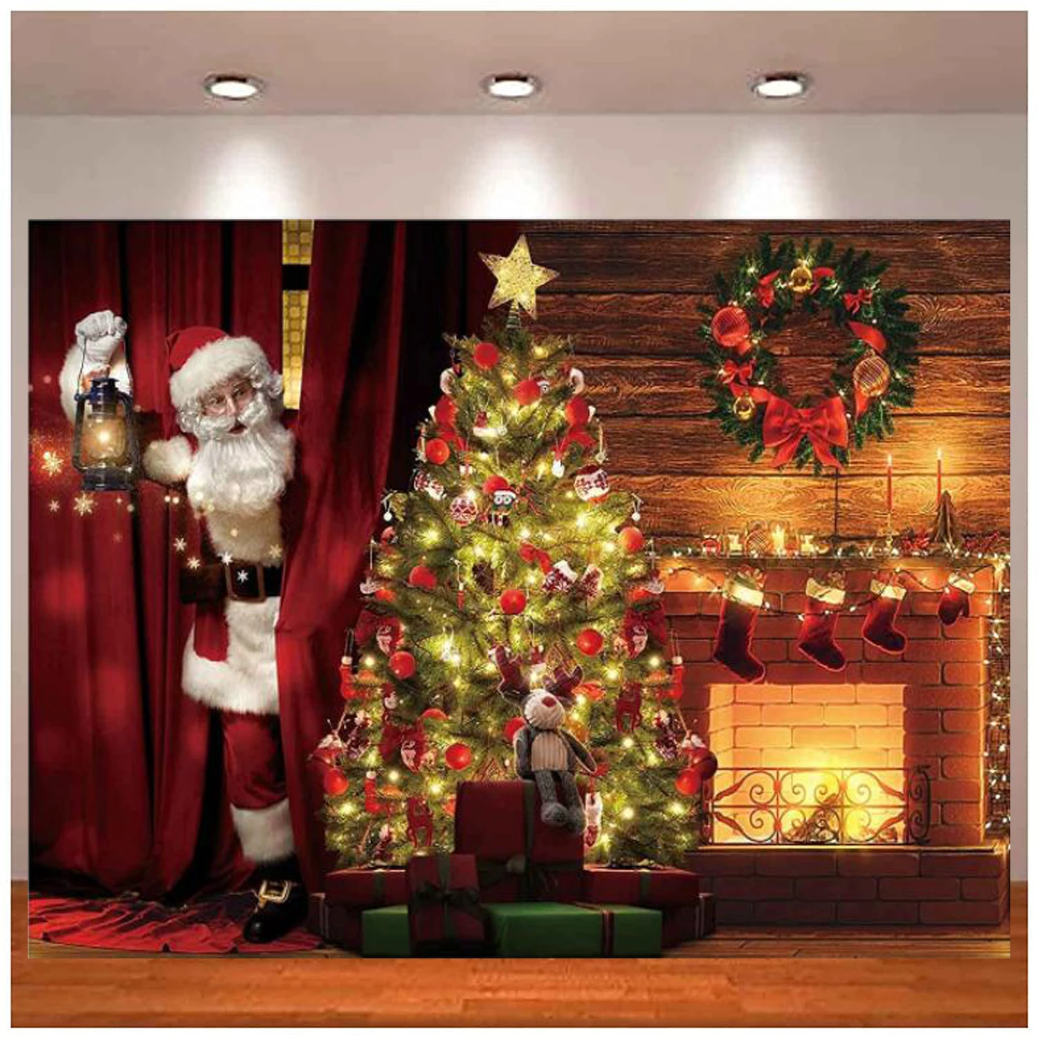 

Рождественская фотография Фон Санта Клаус зима Рождественская елка камин фон винтажный праздничный портрет Вечерние