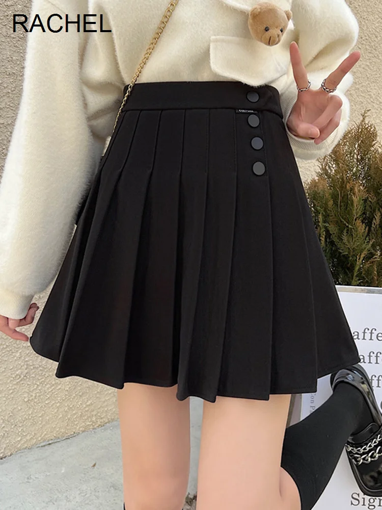 

Черная шерстяная юбка, Женская осенне-зимняя плиссированная юбка 2021, облегающая трапециевидная юбка с высокой талией, модная короткая юбка,...