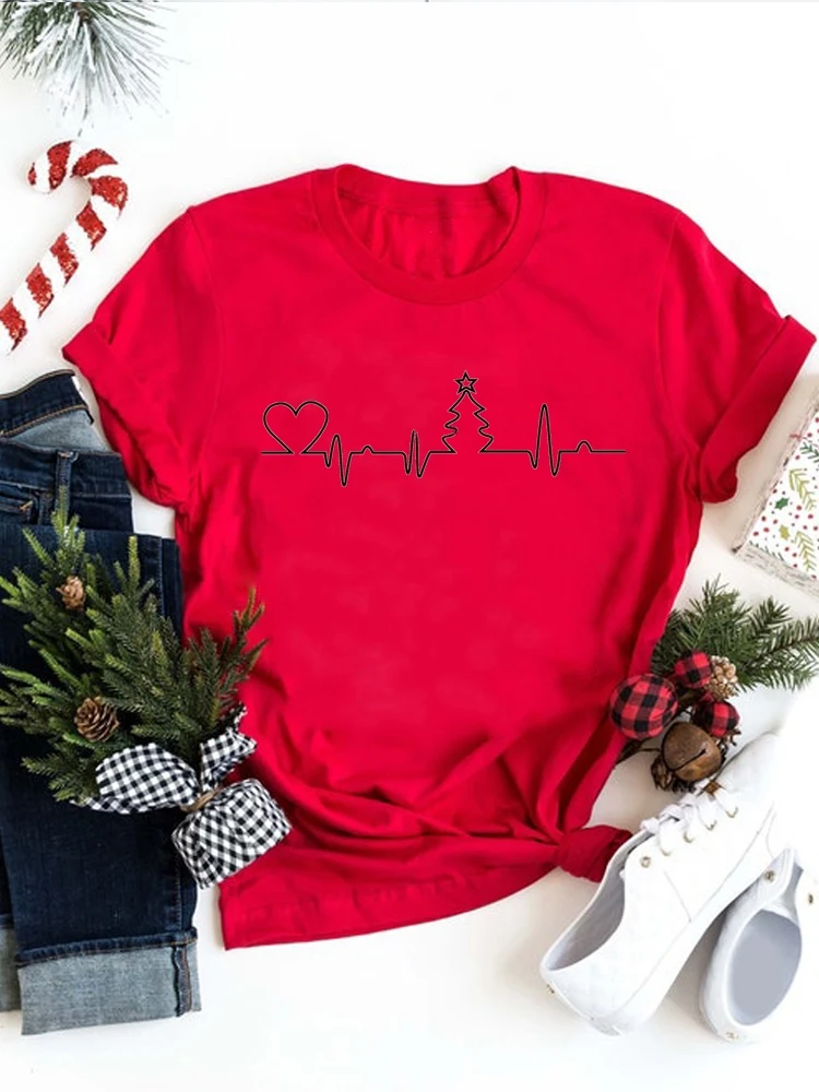 

New Year Tee Holiday Tops Fashion Merry Christmas Festival Women Love Heart Sweet Lovely Print Clothes Female Graphic T-Shirt