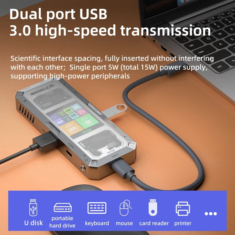 Фото Многофункциональная док-станция PIVA G71 7-в-1 для киберспорта: USB-C хаб, адаптер с HDMI 4K 60Гц, USB 3.0, 3.5 мм AUX, 7 портов, сплиттер №5