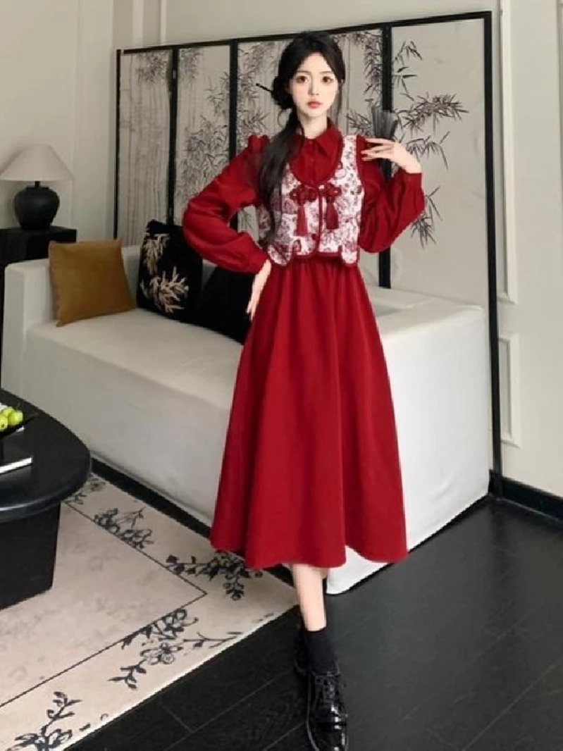 Plus Size Plus size women clothing Age-Reducing Slimming Meat Covering Set Chubby Girl National Sle Plate Buckle Vest Red Shi...