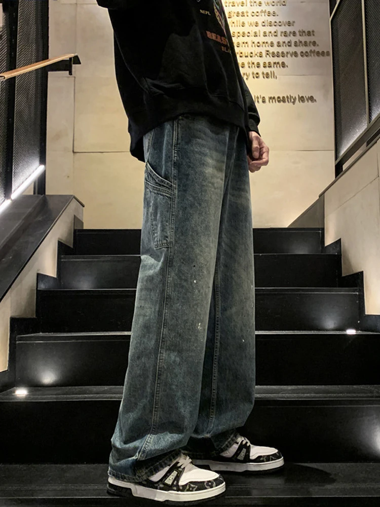 Men's Trendy Pure Colored Jeans American Washing Make Old Retro Loose Wide Pine Pure Color Casual Pants Street Men's Clothing