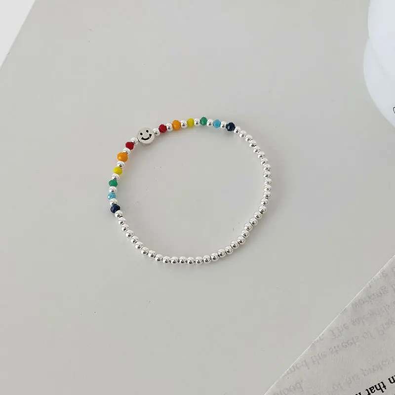 

Rainbow Smiley Face Bracelet 925 Sterling Silver Handmade Designer Sweet Color Stretch Beaded Bracelet