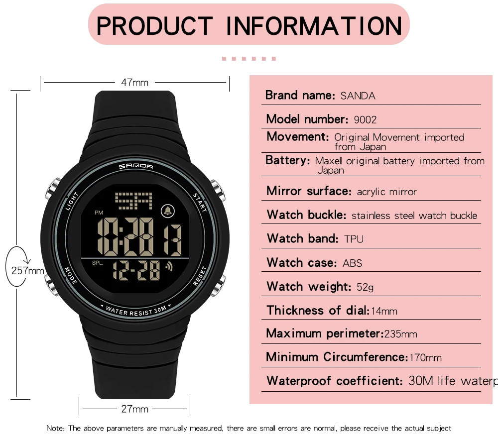 SANDA NEW Fashion Brand Sports Women Watches Fashion Casual Waterproof LED Digital Watch Female Wristwatches Women Clock 9002 enlarge