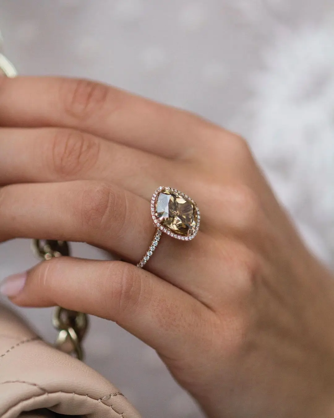 JOVOVASMILE Champagne Moissanite Diamond Ring 8carat 12x11mm Crushed Ice Cushion Cut Real 18k Rose Gold Jewelry for Women