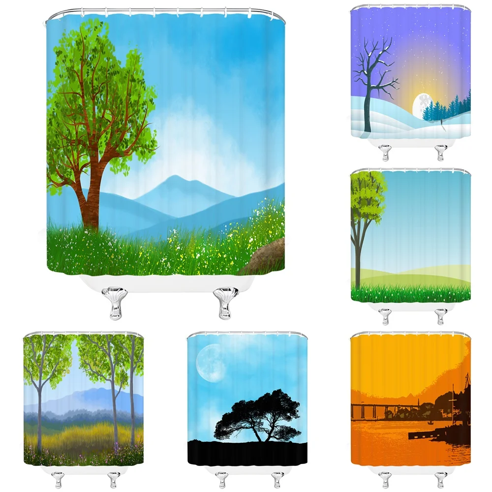 

Abstract Mountain Forest Shower Curtain Sunrise Sunset Natural Landscape Colorful Country Pine Trees Outdoor Scenery Bath Fabric