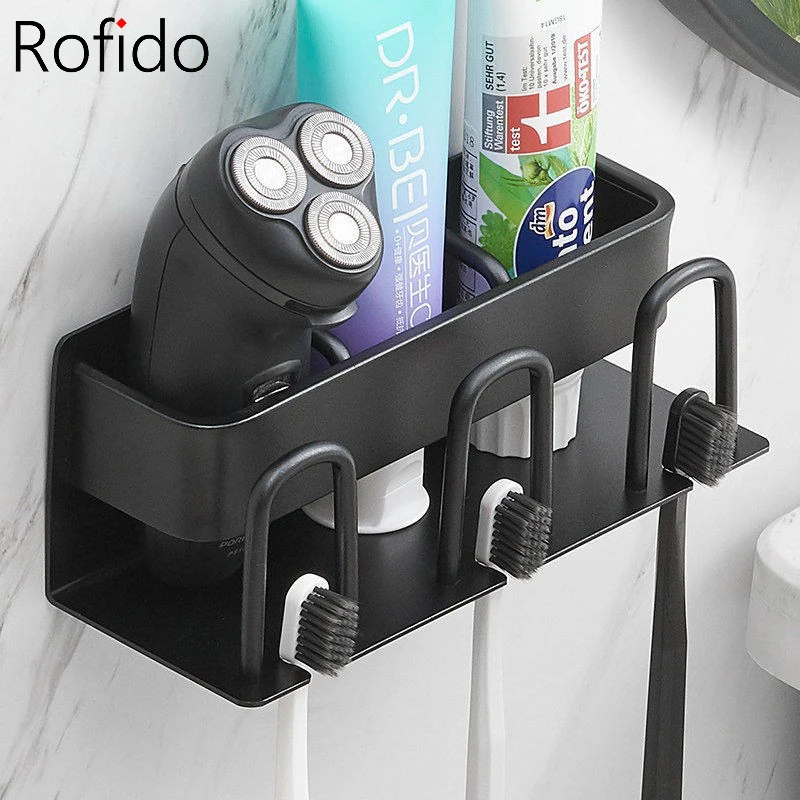 

Bathroom Toothbrush Holder Wall Mounted Toothpaste Organizers No Drilling Mouthwash Cup Shelf Razor Storage Bathroom Accessories