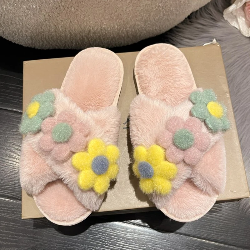 Winter Indoor Women Furry Slippers Warm Faux Fur Home Slides Flat Flower Docor Design Luxury Flip Flops House Non Slip slippers