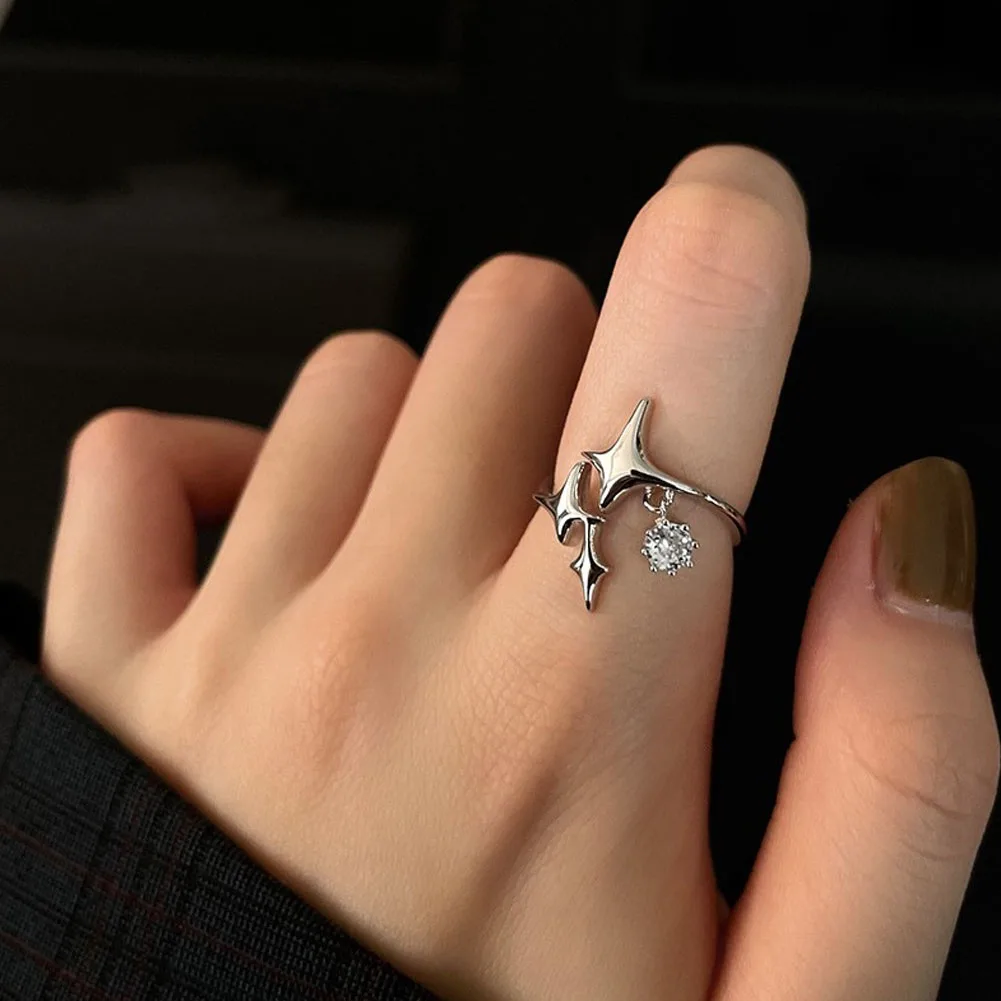 

New Punk Silver Color Four Pointed Star Ring Zircon Pendant Original Handmade Adjustable Size Ring For Women 2022 New Jewelry