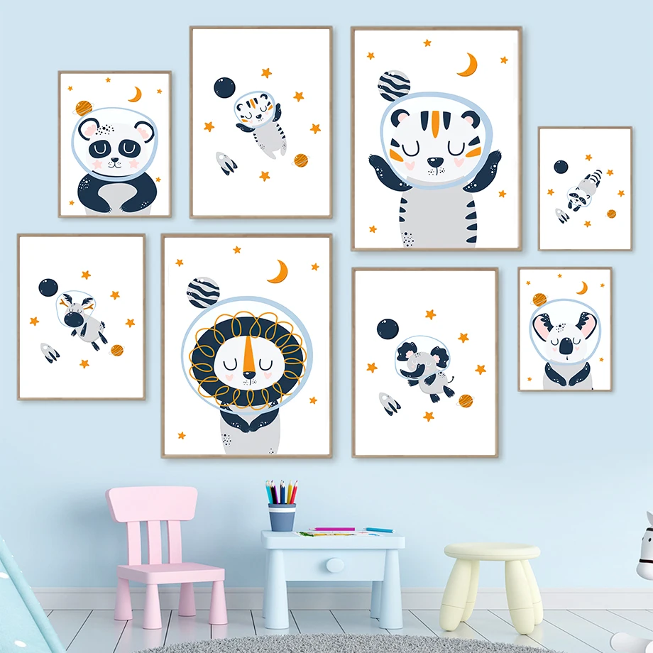 

Space Astronaut Panda Tiger Lion Moose Raccoon Wall Art Canvas Painting Nordic Posters And Prints Wall Pictures Kids Room Decor