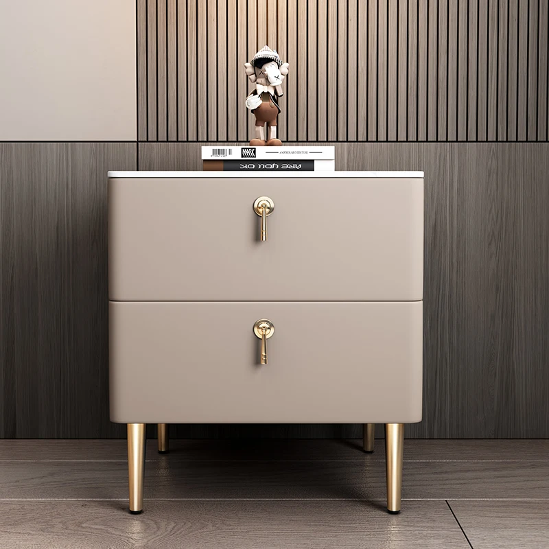 

Light Luxury Advanced Bedroom Bedside Table Simple Modern Leather Stone Plate Solid Wood Storage Rack