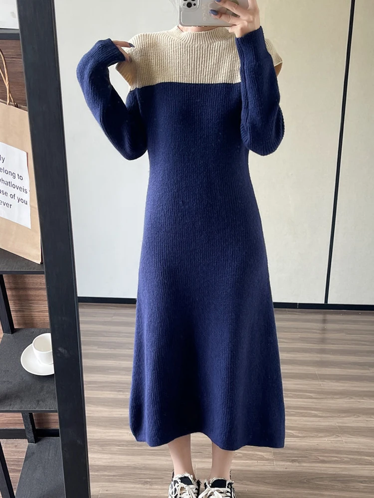

Elegant Mid-Length Knitted Long Sleeve Dress Korean Style Off-The-Shoulder Color Blocking Interior Sweater Skirt Autumn Winter