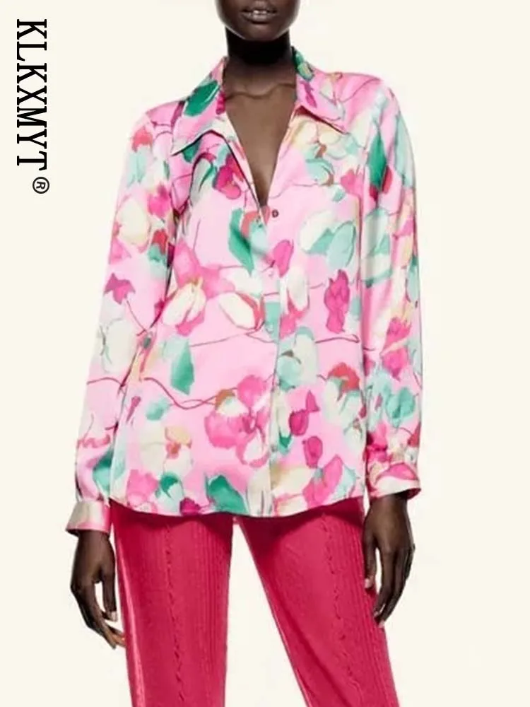 

Женская атласная блузка с цветочным принтом, длинным рукавом и пуговицами