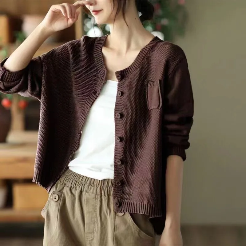 

2023 Spring and autumn new vintage knit cardigan women stand collar long sleeve coat fashion casual outside to match women