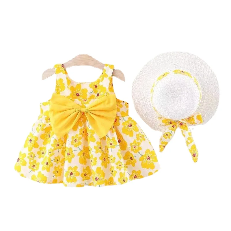 Toddler Baby Girl Tutu Dress Summer Sleeveless Backless Princess Birthday Party Dresses Flower Bow Sundress with Straw Hat Set