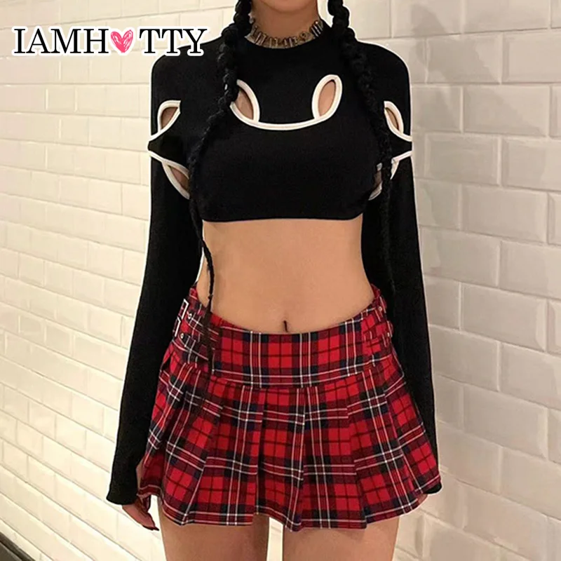 

IAMHOTTY Biker Punk Style Hollow Out Super-short T-shirt Black Vintage Streetwear Long Sleeve Tops Sexy Casual Smock Top Autumn