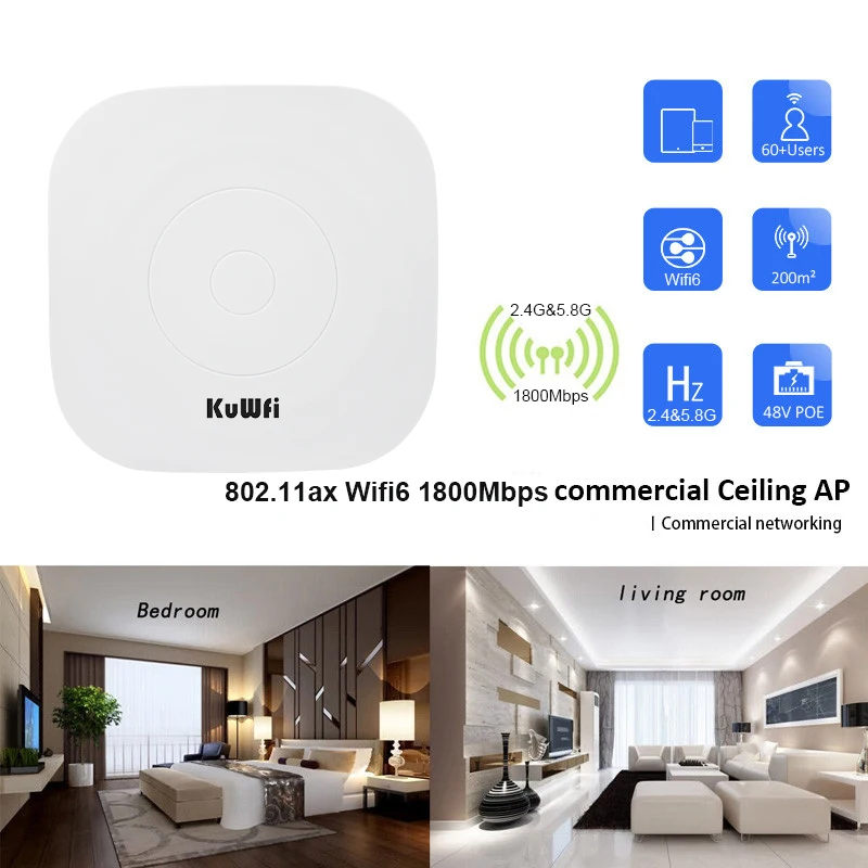 KuWFi 1800Mbps WiFi 6 Router Wireless Ceiling AP 2.4G&5.8G 11AX WiFi Range Extender Router Access Point Gigabit LAN 48V POE images - 6