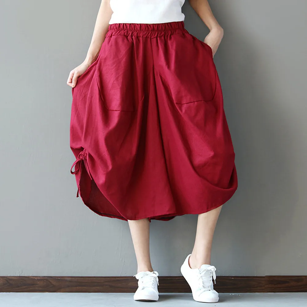 

2023 Summer Women Linen Pants Loose Casual Cotton Wide Leg Culottes Pants Solid Color Drawstring Cropped Pantalones