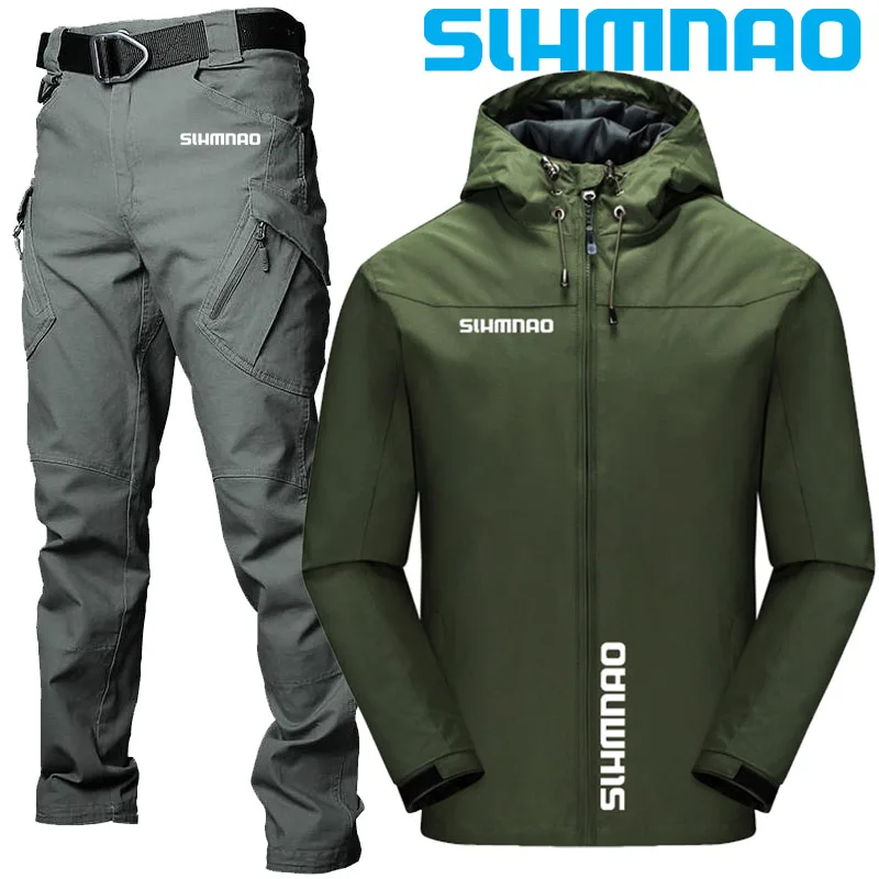 

Мужская водонепроницаемая куртка для рыбалки, водонепроницаемая уличная куртка с капюшоном, брюки для рыбалки, одежда, походные куртки и штаны, комплект из двух предметов, 2023