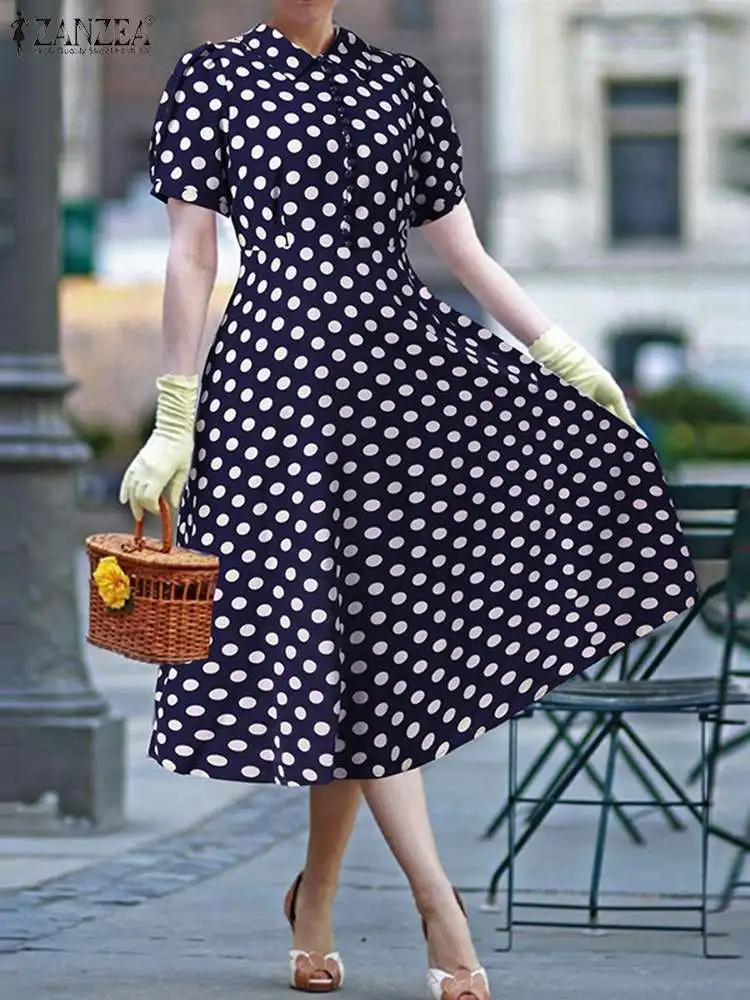 

2022 Summer Women Fashion Printed Dress ZANZEA Puff Sleeve Midi Long Sundress Oversize Casual Zip Up Vestidos A Line Robe Longue