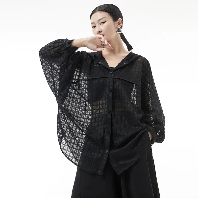 

Johnature Casual Fashion Hooded Collar Thin Perspective Sun Protection Shirts 2023 Spring New Irregular Women Blouses