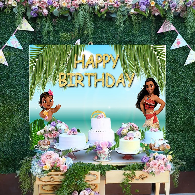 

Disney Princess Moana Cute Little Girl Tropical Flowers Backdrop Baby Happy Birthday Party Cartoon Decoration Backgrounds Banner