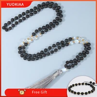 yuokiaa 6mm lava 108 beaded mala necklace rosary beads japamala meditation yoga bad japa jewelry for women men free bracelets
