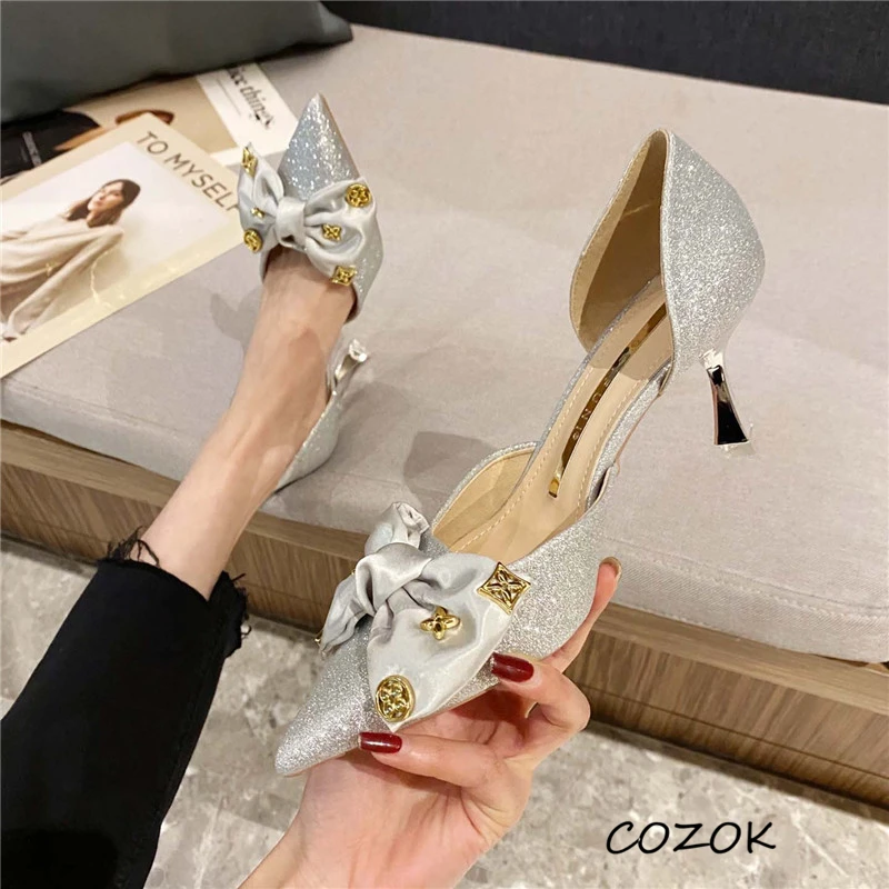

Шикарные элегантные женские туфли на каблуке для вечерние 2022, модные туфли с бантом-бабочкой для женщин