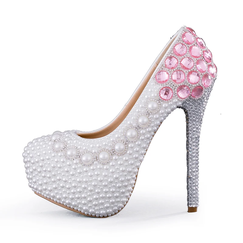 

Свадебные туфли, свадебные туфли с белым жемчугом, свадебные туфли на высоком каблуке, женские туфли-лодочки с розовыми кристаллами для цер...