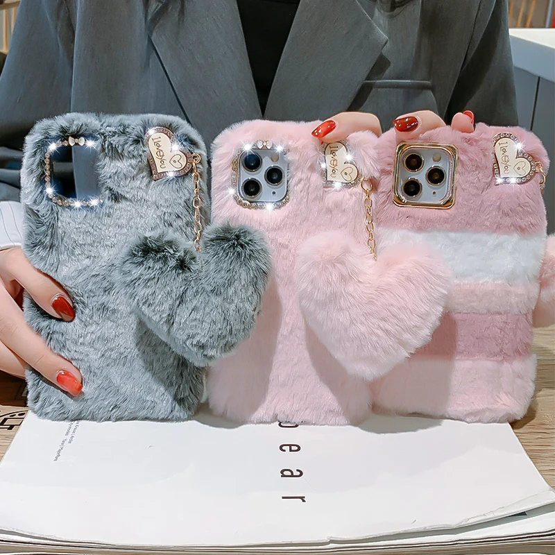 

Luxury Love Pendant Phone Case For iPhone 12 Pro Max 14 13 11 X XS XR 8 7 6 6S Plus SE 2020 5S Cute Warm Winter Plush Fur Covers