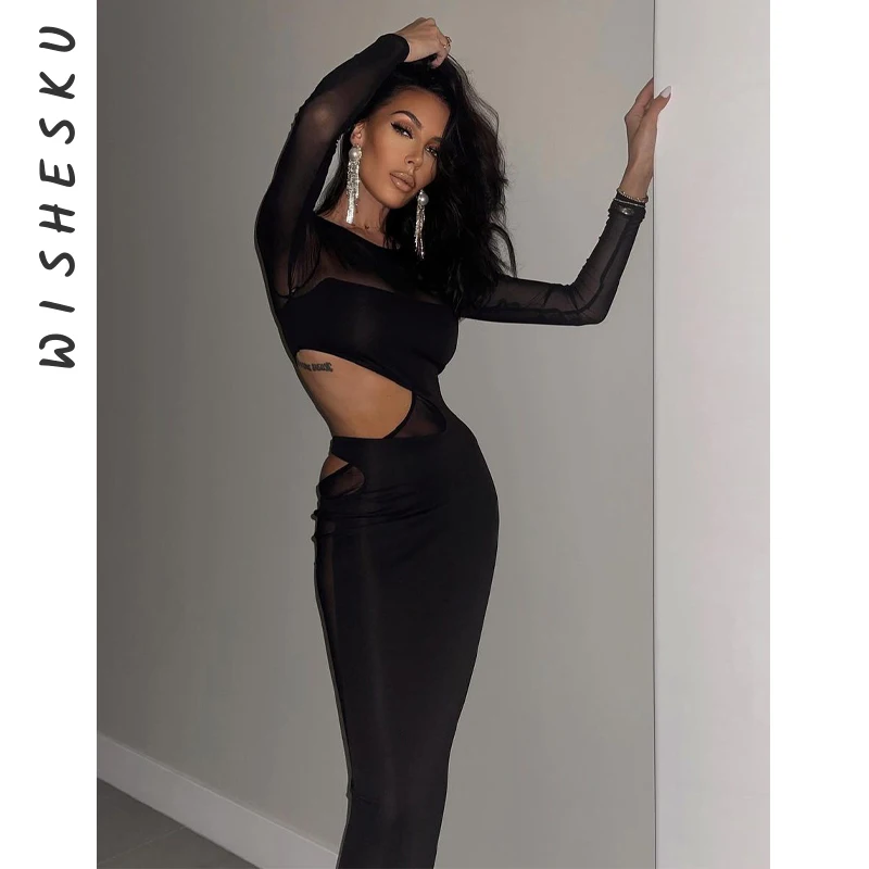 

Sexy Mesh Patchwork See Through Maxi Dress Women Long Sleeve Cut Out Pencil Dresses 2022 Summer Holiday Fairy Grunge Clothes