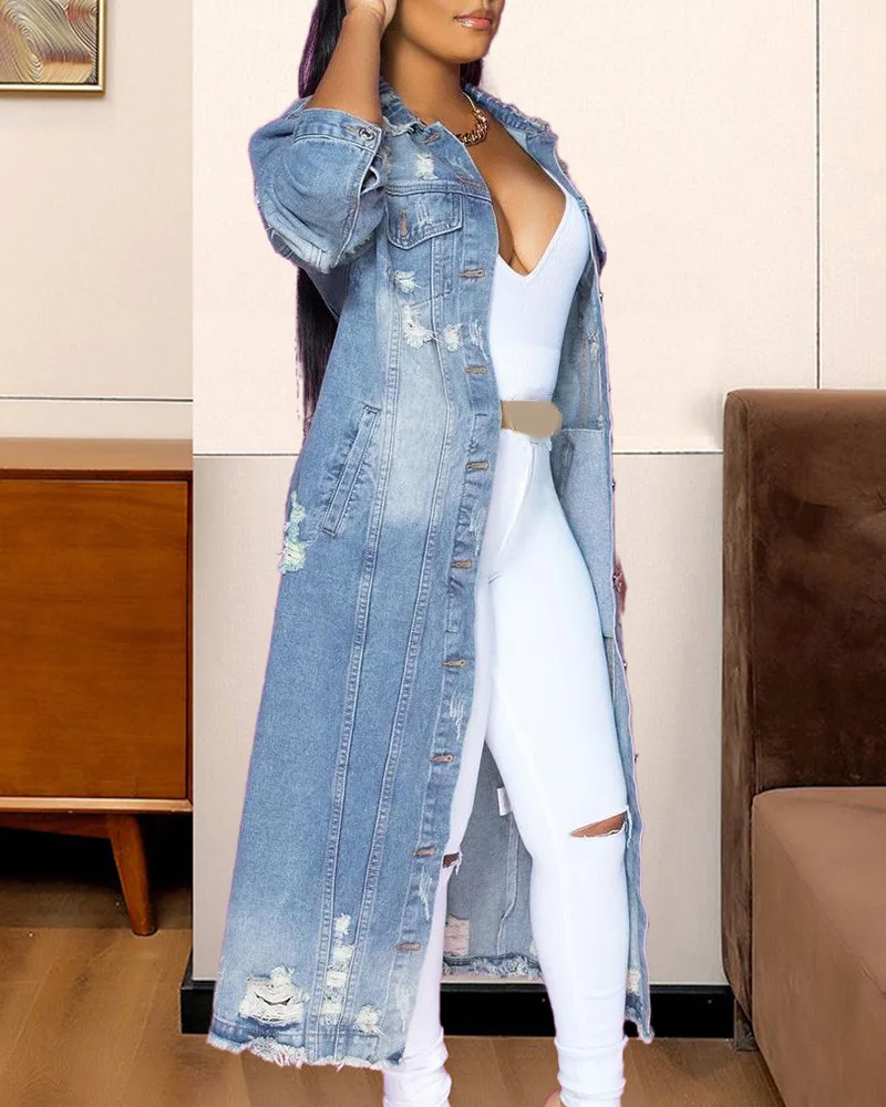 

Women's Ripped Long-sleeved Denim Trench Coat Cardigan Denim Cape Female Casual Commuter Jacket Spring and Autumn 2022 Fashion