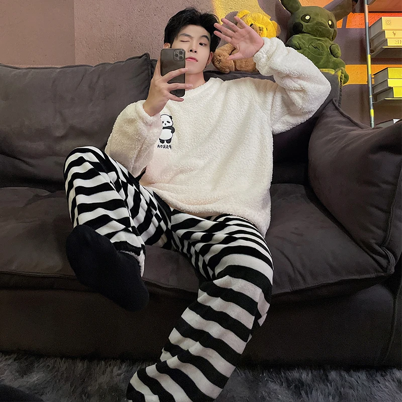 QUHENG 2022 Man Fleece Pajamas Winter Men WarmThick Hooded Flannel Female Set Flannel Autumn Sleepwear Velvet Nightwear