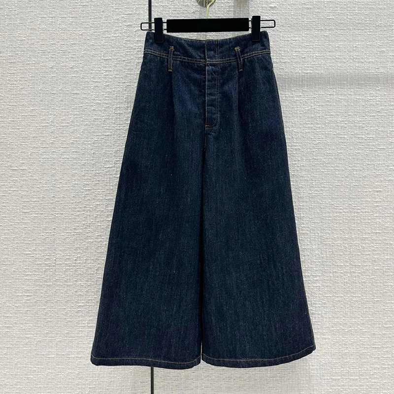 

22 Blue Cotton Denim Trousers Women Vintage Solid High Waist Wid-leg Cropped Pants Fashion Runway Culottes Female Office Clothes