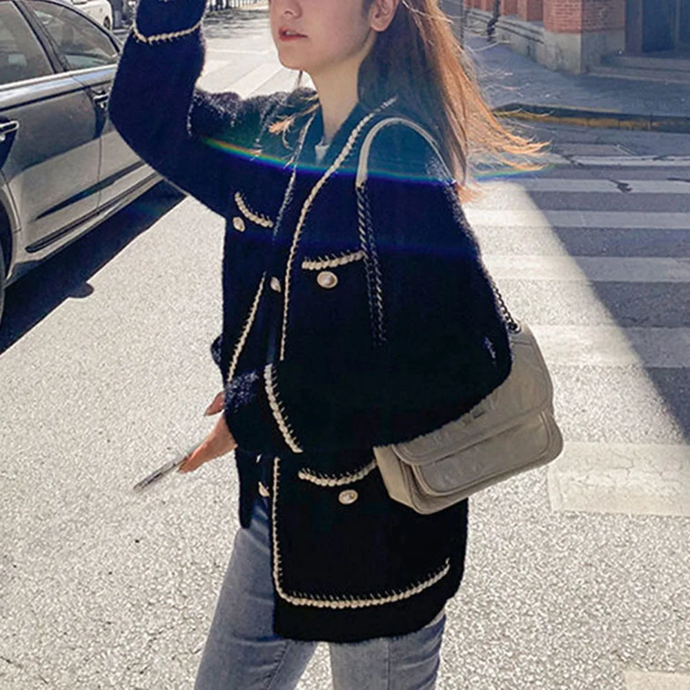 

Белый кашемировый свитер пальто для женщин осень зима ленивый стиль корейский Ретро черный Свободный вязаный кардиган с круглым вырезом мо...