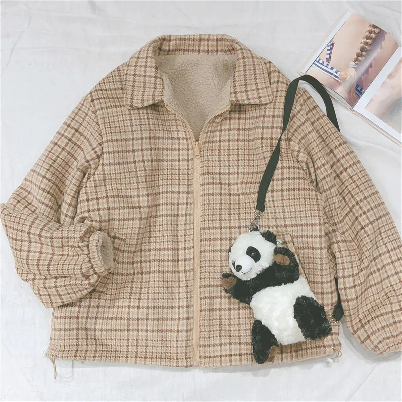 

Winter Jackets Clothes Women 2023 Plaid Coat Woman Embroidery Bear Thicked Outwear Wear on Both Sides Lamb Wool Jacket Cute