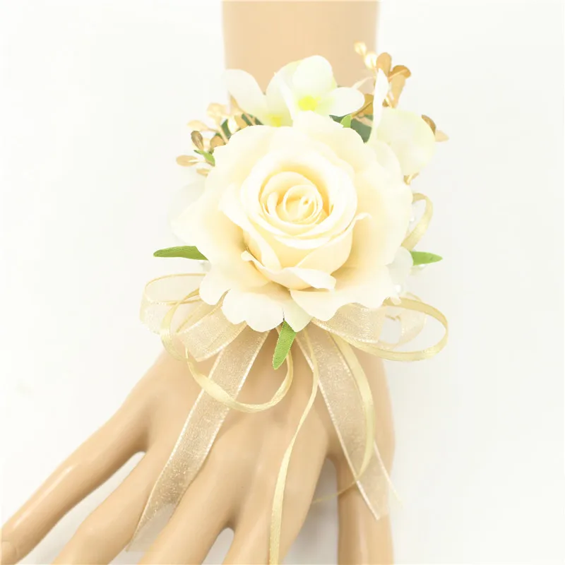 

YO CHO Silk Roses White Wedding Corsages and Groom Boutonnieres Pearl Bridesmaids Wrist Bracelet Wedding Men Boutonniere Flowers