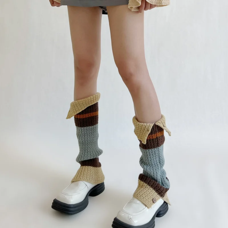 Harajuku Warm Knitting Leg Guard Socks Button Y2K Japanese Color Contrast Socks Below Knee In Winter JK Lolita Wool Stockings
