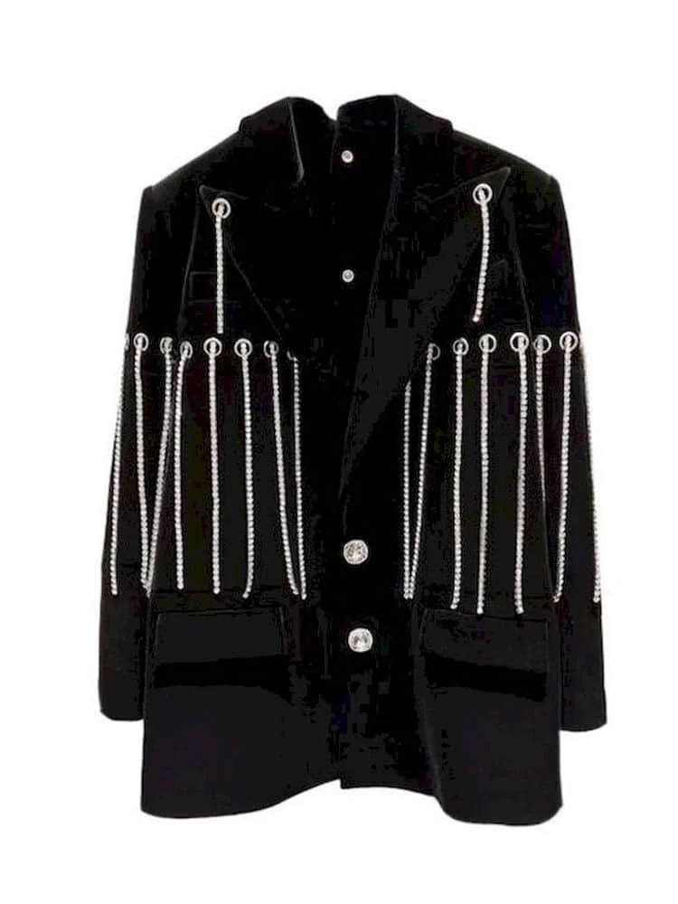 

Женский блейзер в стиле Харадзюку, черный повседневный пиджак в стиле пэчворк с длинными рукавами, со стразами и кисточками, корейская мода,...