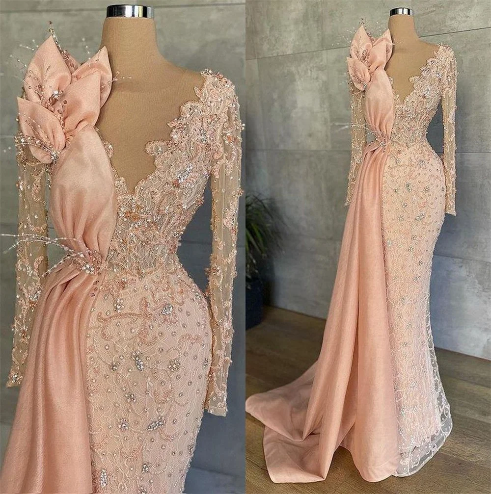 

Sheath/Column V-neck Peach Pink Prom Long Sleeves Ladies Elegant Engagement Formal Evening Sweep/Brush Train Sparkly Lace Beaded